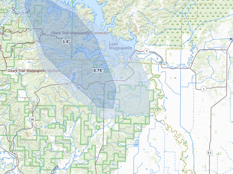 NEXRAD radar-signature map of the hail storm over Wappapello, MO on May 31, 2026
