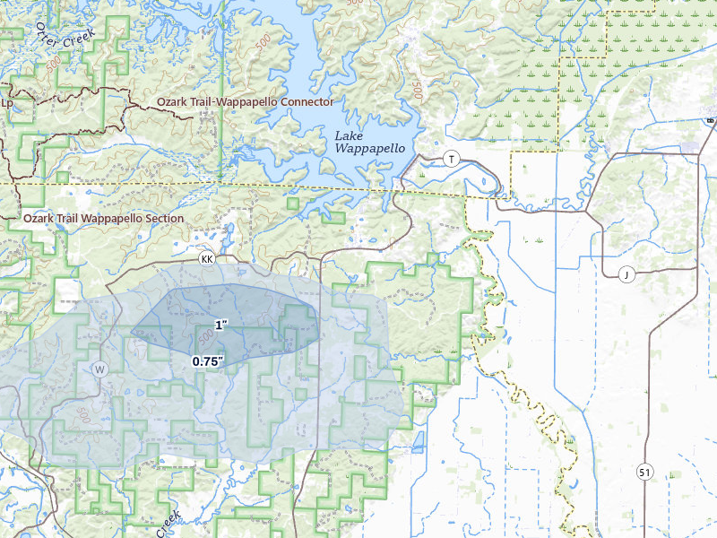 NEXRAD radar-signature map of the hail storm over Wappapello, MO on Jun 9, 2026