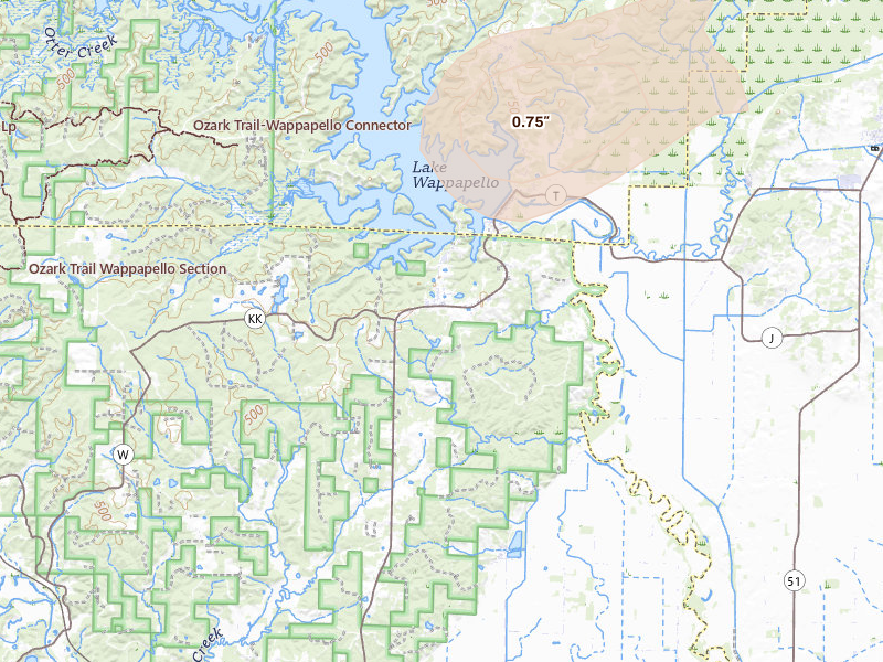 Radar-estimated hail-size map of the storm over Wappapello, MO on Jul 4, 2026