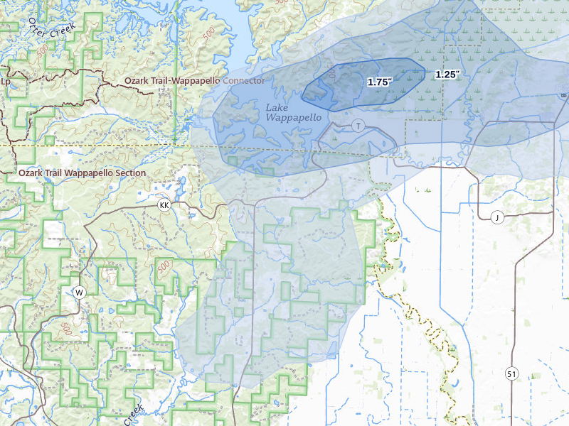 NEXRAD radar-signature map of the hail over Wappapello, MO