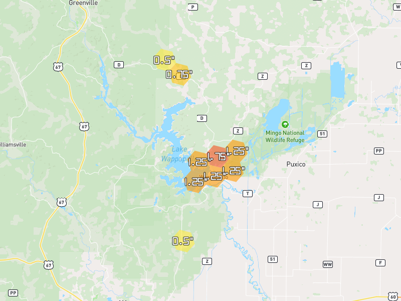 Hail map of Wappapello, MO on Jul 4, 2026, hail up to 1.75"