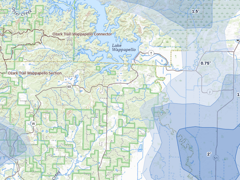 NEXRAD radar-signature map of the hail storm over Wappapello, MO on Jul 9, 2026