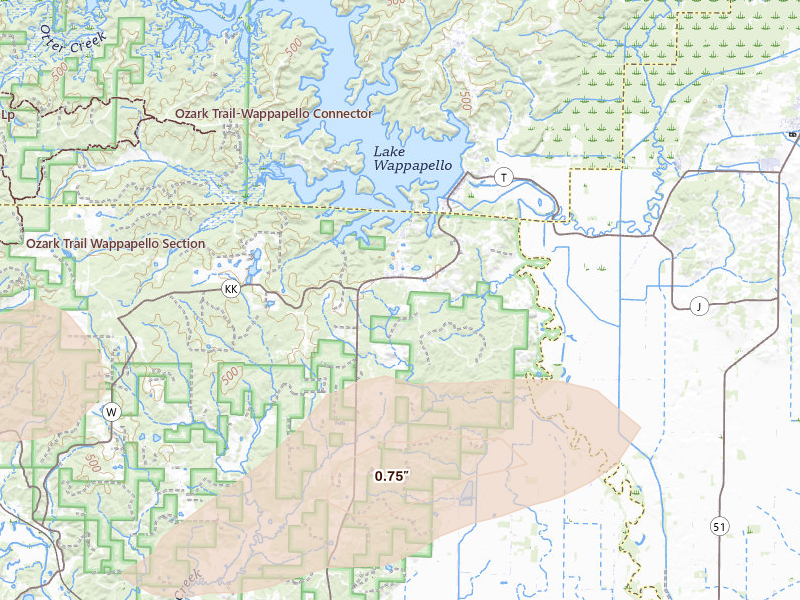 Radar-estimated hail-size map of the storm over Wappapello, MO on Jul 10, 2026