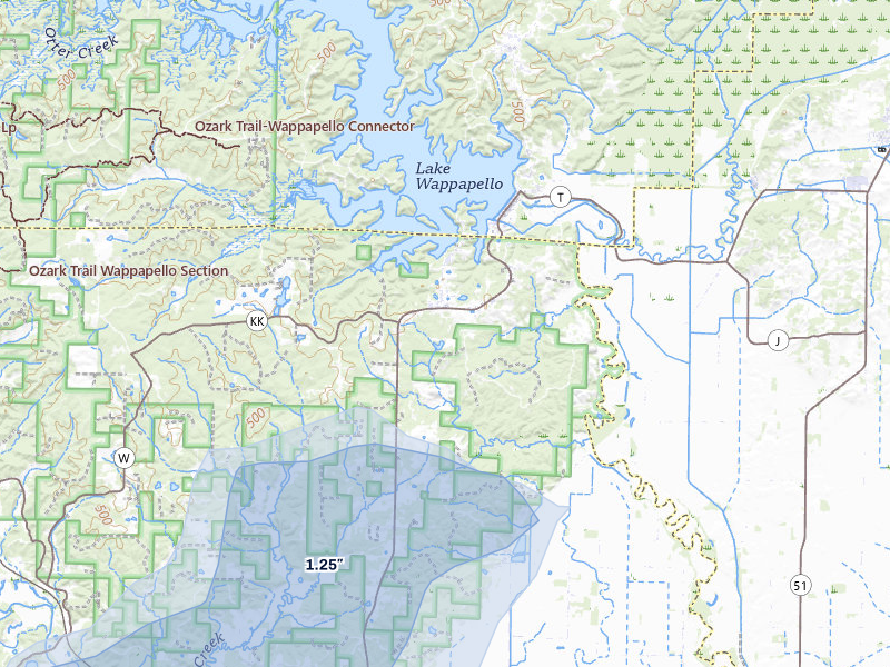 NEXRAD radar-signature map of the hail storm over Wappapello, MO on Jul 10, 2026