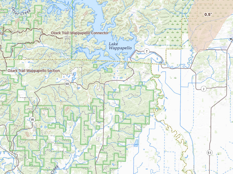 Radar-estimated hail-size map of the storm over Wappapello, MO on Jul 25, 2026