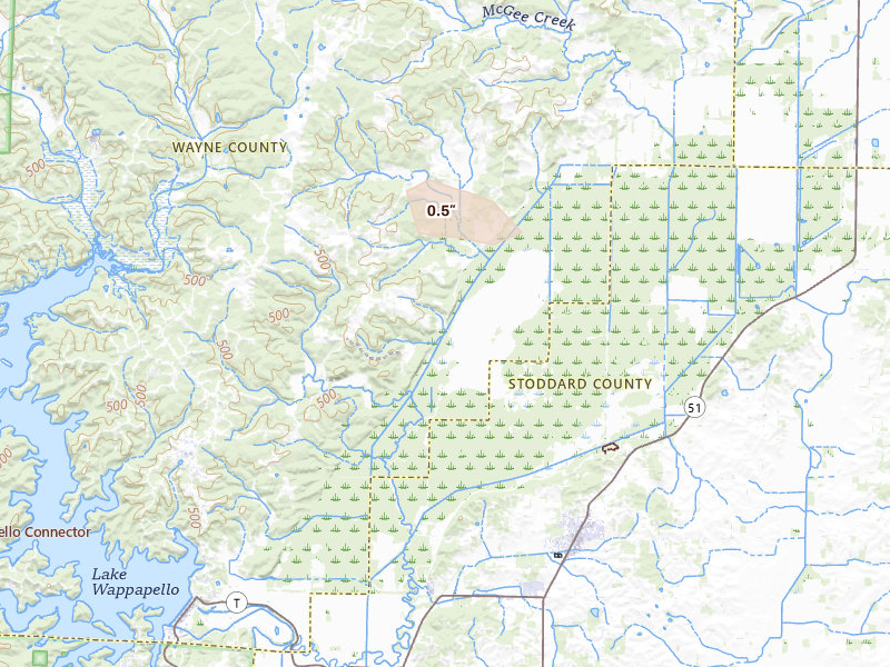 Radar-estimated hail-size map of the storm over Wappapello, MO on Aug 7, 2026
