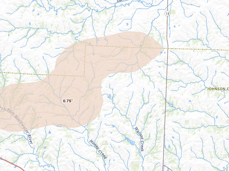 Radar-estimated hail-size map of the storm over Warrensburg, MO on Apr 17, 2026