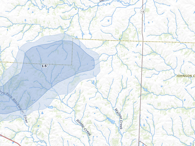 NEXRAD radar-signature map of the hail over Warrensburg, MO