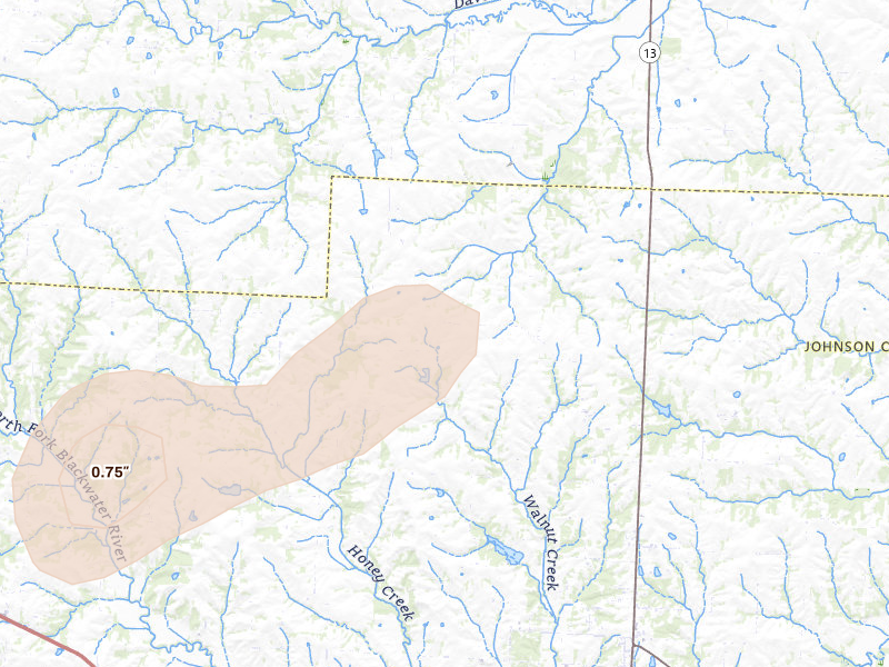 Radar-estimated hail-size map of the storm over Warrensburg, MO on Apr 27, 2026