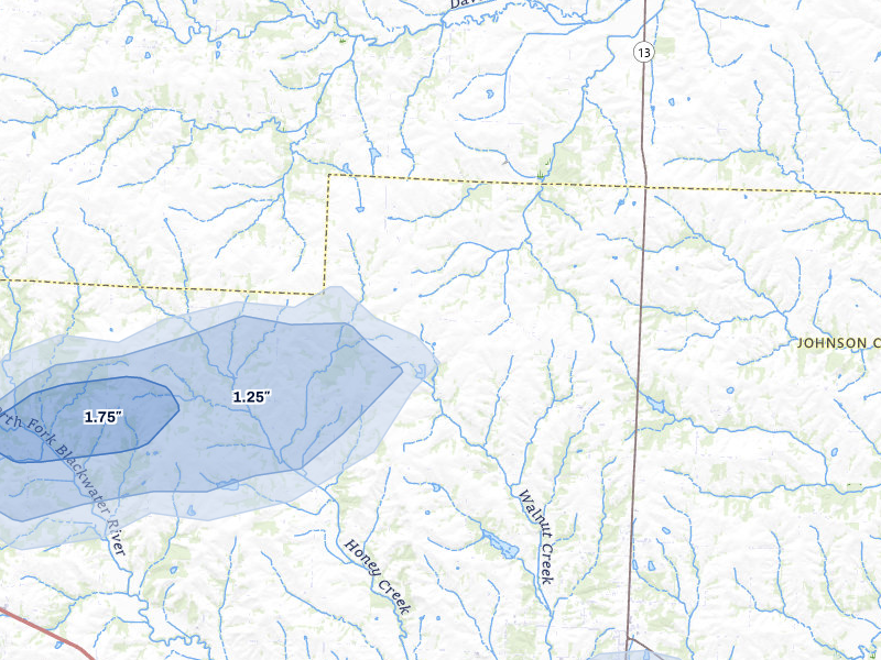 NEXRAD radar-signature map of the hail over Warrensburg, MO