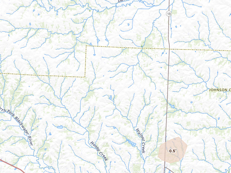 Radar-estimated hail-size map of the storm over Warrensburg, MO on Jul 3, 2026