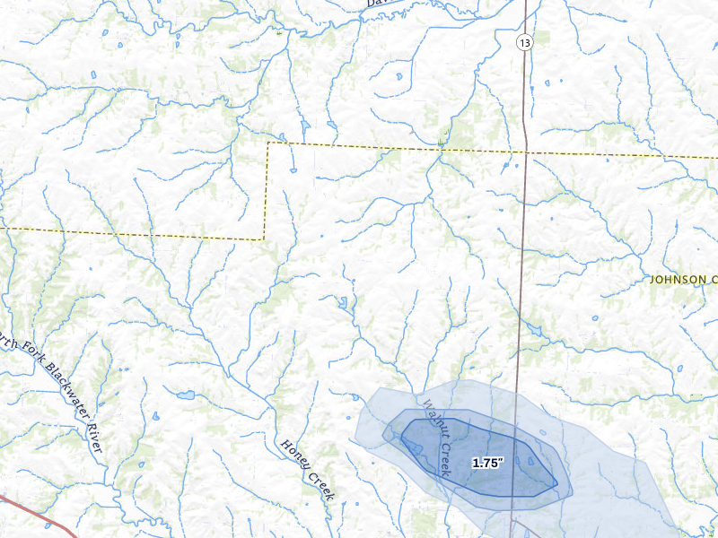 NEXRAD radar-signature map of the hail storm over Warrensburg, MO on Jul 3, 2026