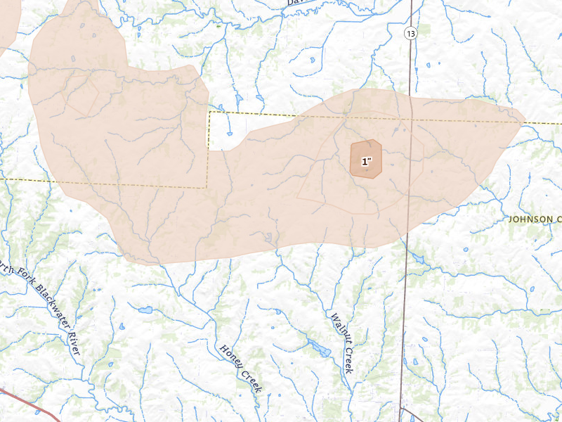 Radar-estimated hail-size map of the storm over Warrensburg, MO on Aug 5, 2026