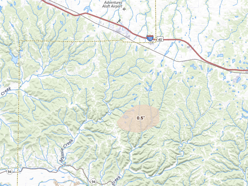 Radar-estimated hail-size map of the storm over Warrenton, MO on Apr 17, 2026