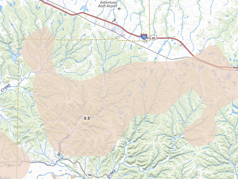 Radar-estimated hail-size map of the storm over Warrenton, MO on Apr 27, 2026