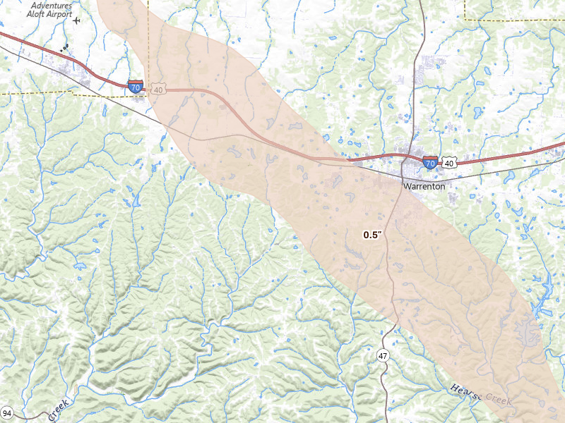 Radar-estimated hail-size map of the storm over Warrenton, MO on Aug 12, 2026