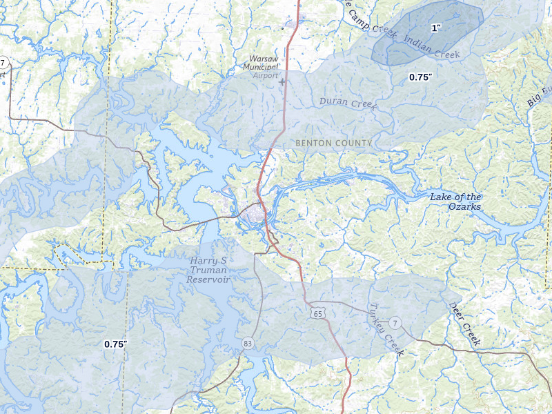 NEXRAD radar-signature map of the hail over Warsaw, MO