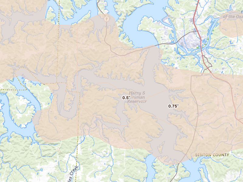 Radar-estimated hail-size map of the storm over Warsaw, MO on Jun 11, 2026