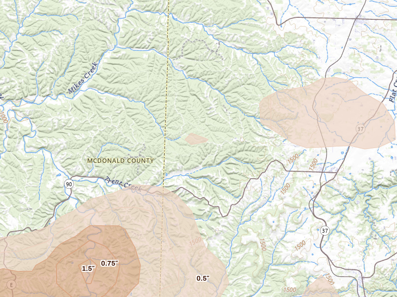 Radar-estimated hail-size map of the storm over Washburn, MO on Apr 27, 2026