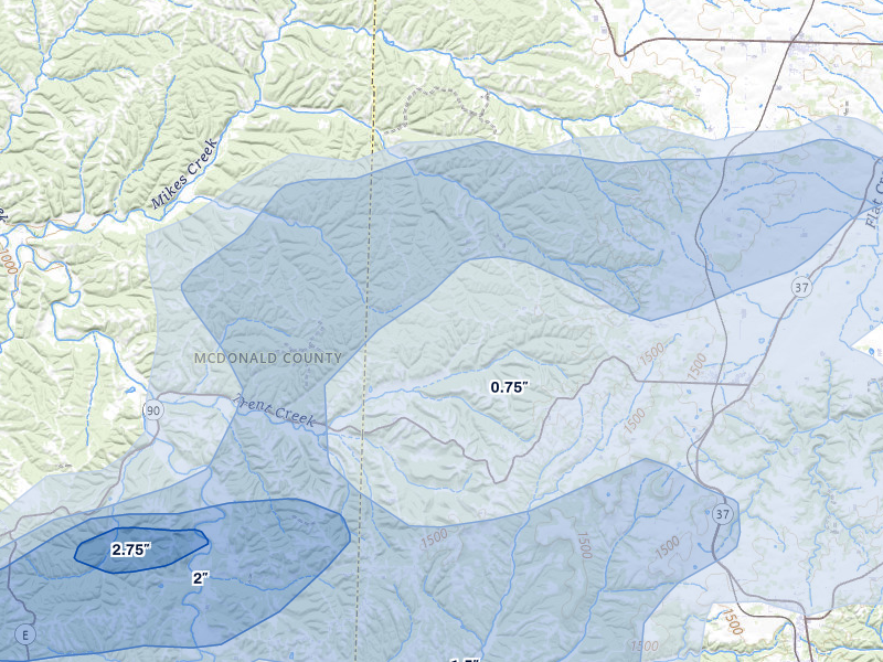 NEXRAD radar-signature map of the hail storm over Washburn, MO on Apr 27, 2026