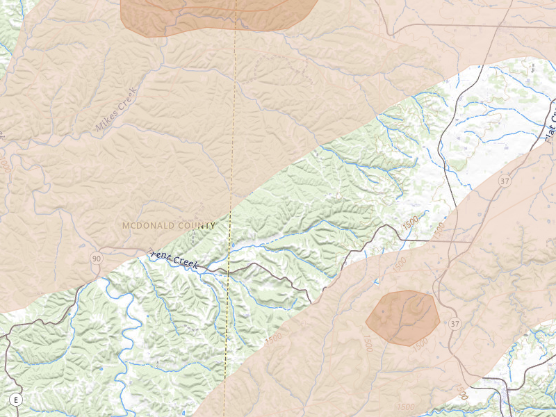 Radar-estimated hail-size map of the storm over Washburn, MO on Apr 28, 2026
