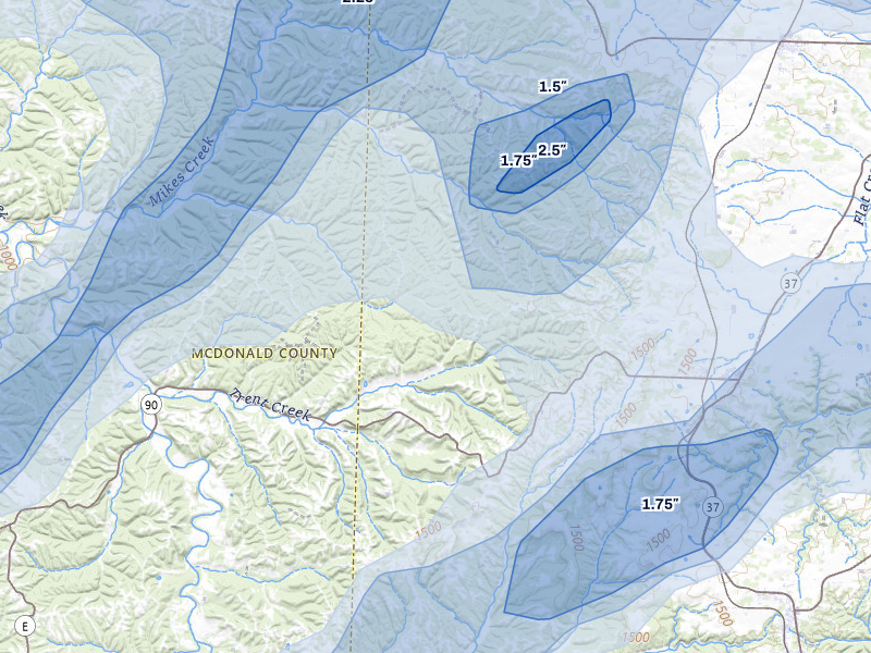 NEXRAD radar-signature map of the hail storm over Washburn, MO on Apr 28, 2026