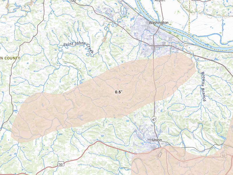 Radar-estimated hail-size map of the storm over Washington, MO on Apr 27, 2026