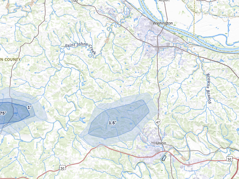 NEXRAD radar-signature map of the hail over Washington, MO