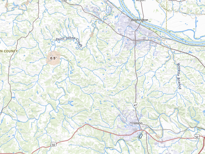 Radar-estimated hail-size map of the storm over Washington, MO on Jun 24, 2026