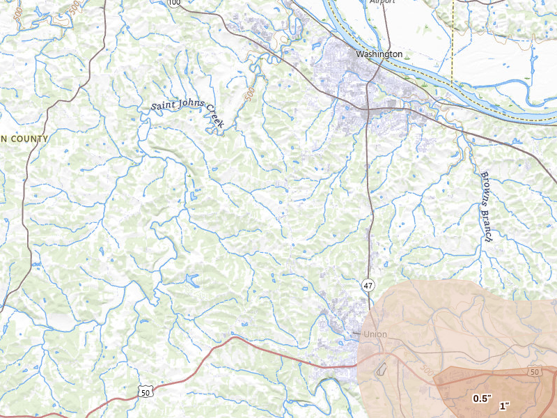 Radar-estimated hail-size map of the storm over Washington, MO on Jul 4, 2026