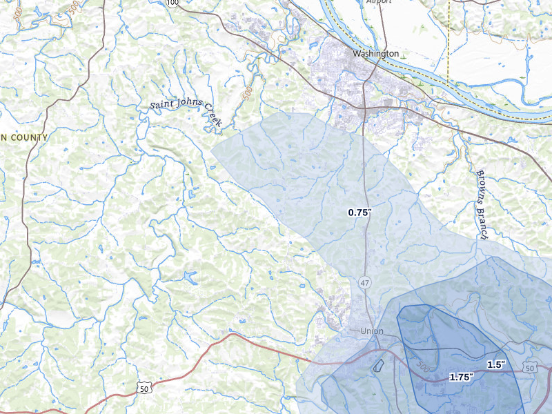 NEXRAD radar-signature map of the hail over Washington, MO