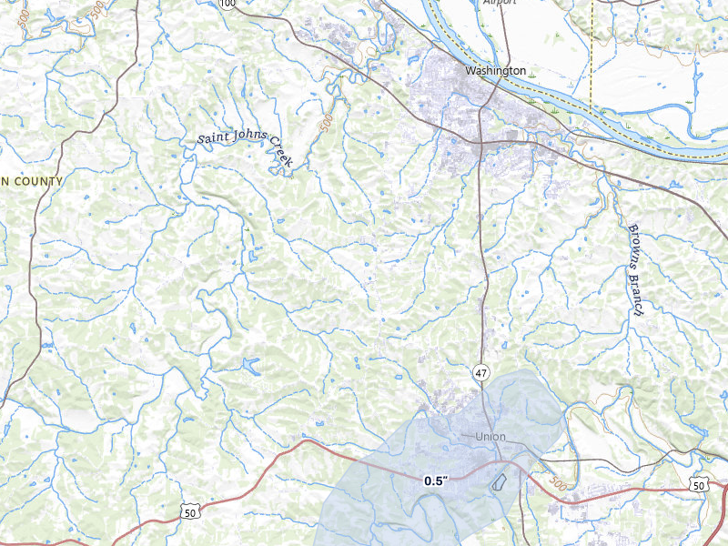 NEXRAD radar-signature map of the hail storm over Washington, MO on Jul 5, 2026