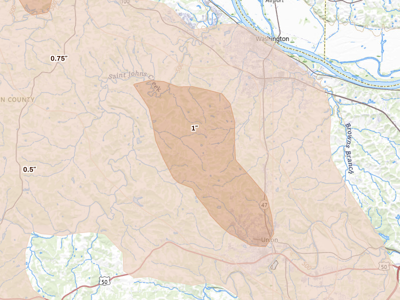 Radar-estimated hail-size map of the storm over Washington, MO on Aug 12, 2026
