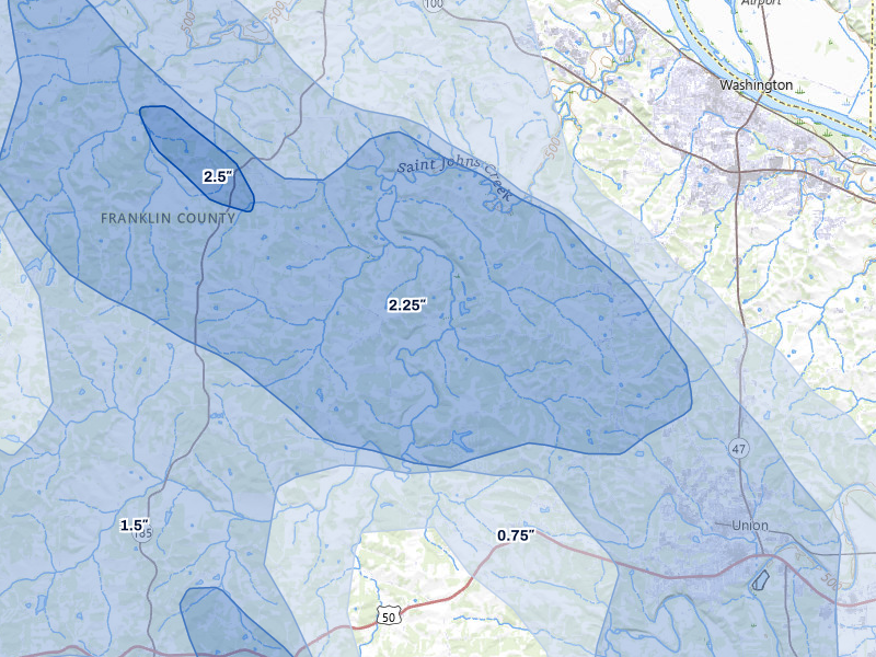 NEXRAD radar-signature map of the hail storm over Washington, MO on Aug 12, 2026