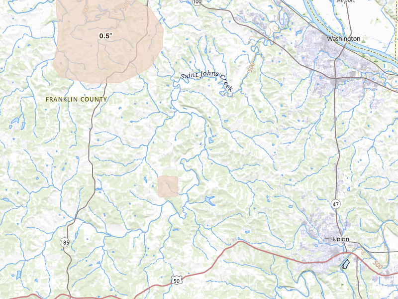 Radar-estimated hail-size map of the storm over Washington, MO on Aug 16, 2026