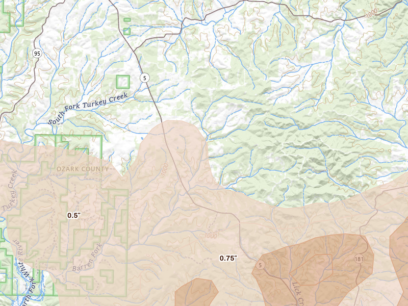 Radar-estimated hail-size map of the storm over Wasola, MO on Apr 27, 2026