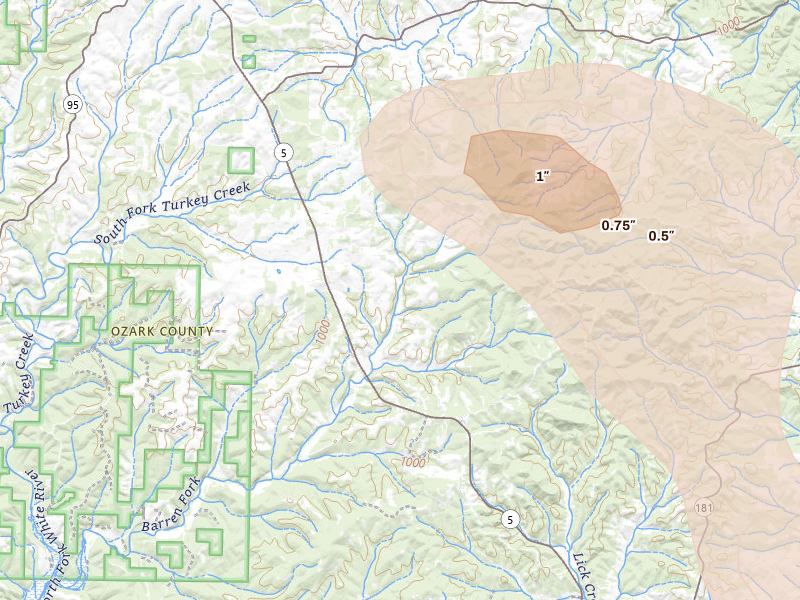 Radar-estimated hail-size map of the storm over Wasola, MO on Jun 1, 2026