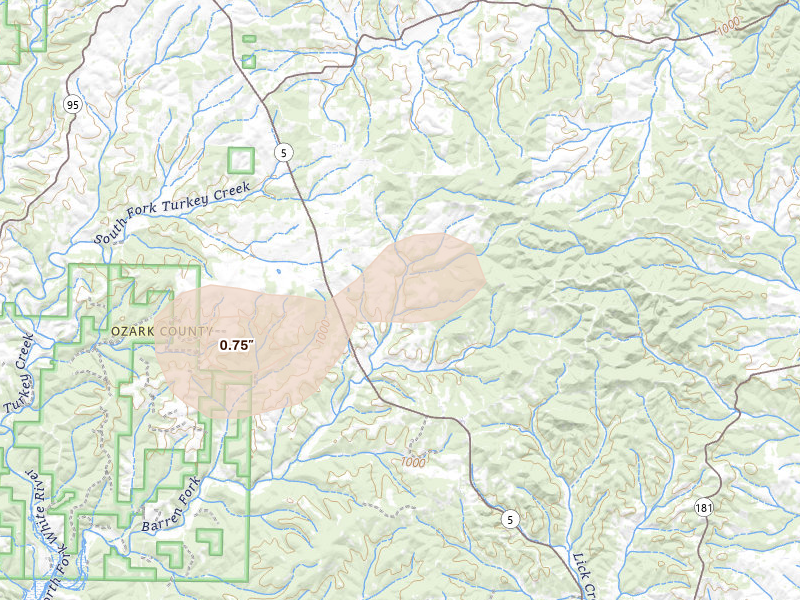Radar-estimated hail-size map of the storm over Wasola, MO on Jul 10, 2026