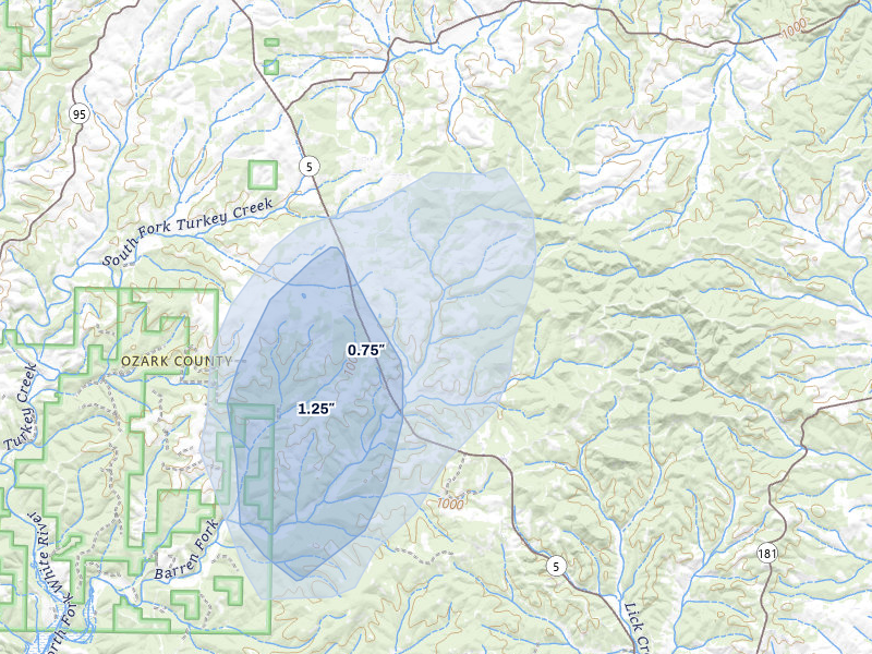 NEXRAD radar-signature map of the hail storm over Wasola, MO on Jul 10, 2026