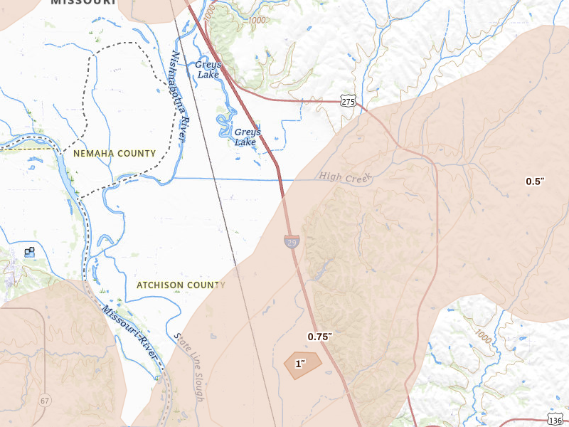 Radar-estimated hail-size map of the storm over Watson, MO on Apr 23, 2026
