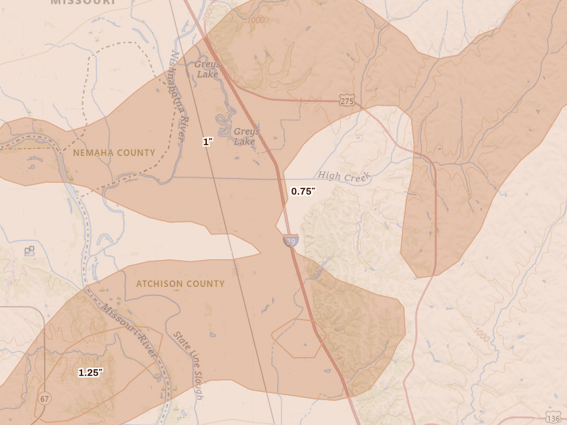 Radar-estimated hail-size map of the storm over Watson, MO on May 18, 2026