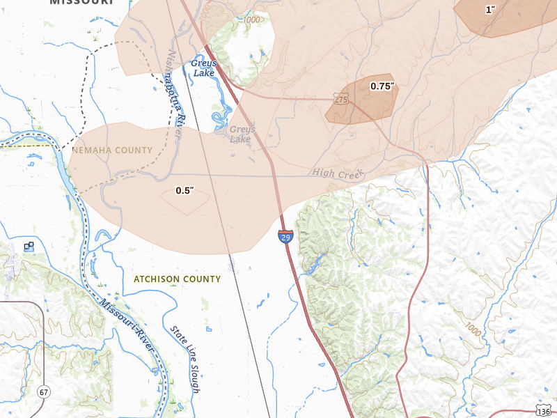 Radar-estimated hail-size map of the storm over Watson, MO on Jun 10, 2026