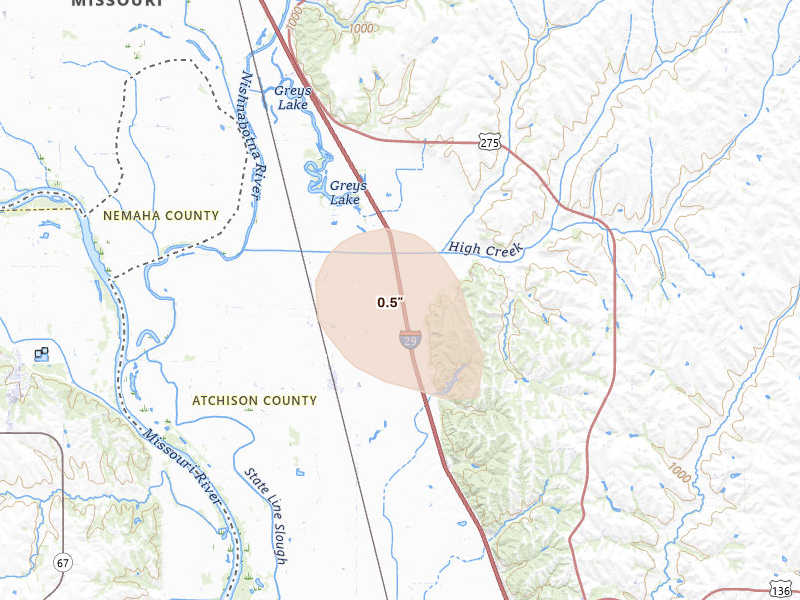 Radar-estimated hail-size map of the storm over Watson, MO on Aug 19, 2026