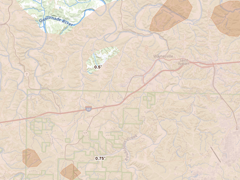 Radar-estimated hail-size map of the storm over Waynesville, MO on Apr 26, 2026