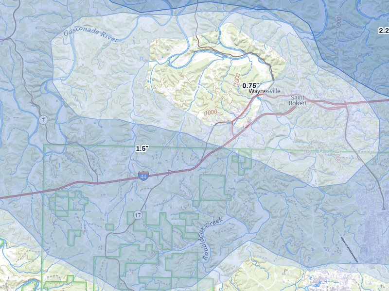 NEXRAD radar-signature map of the hail over Waynesville, MO