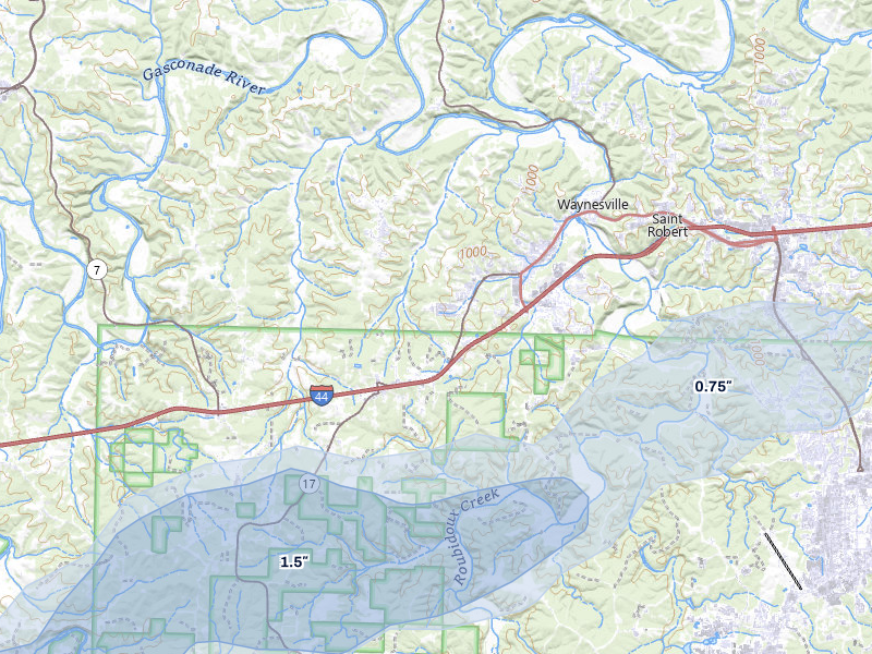 NEXRAD radar-signature map of the hail over Waynesville, MO