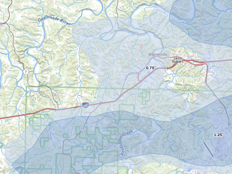 NEXRAD radar-signature map of the hail storm over Waynesville, MO on May 31, 2026