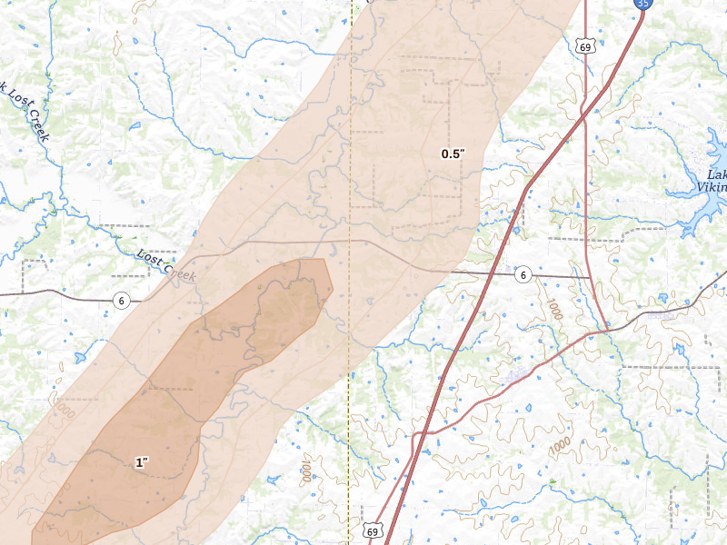 Radar-estimated hail-size map of the storm over Weatherby, MO on Apr 15, 2026