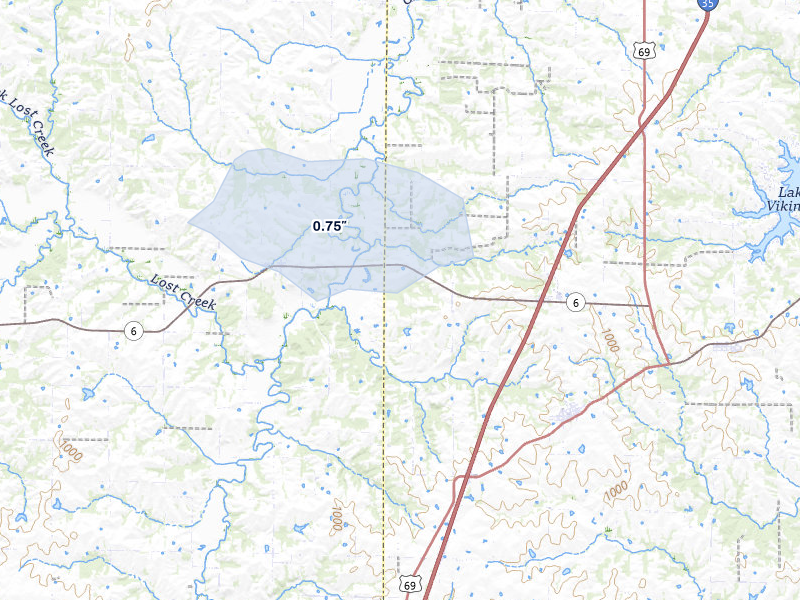 NEXRAD radar-signature map of the hail storm over Weatherby, MO on Jul 10, 2026