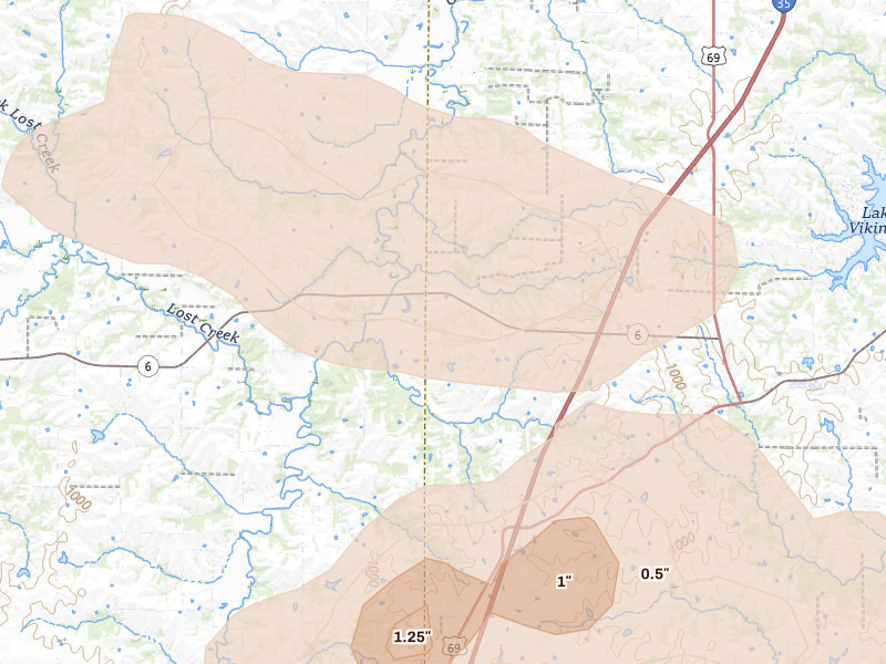 Radar-estimated hail-size map of the storm over Weatherby, MO on Aug 14, 2026